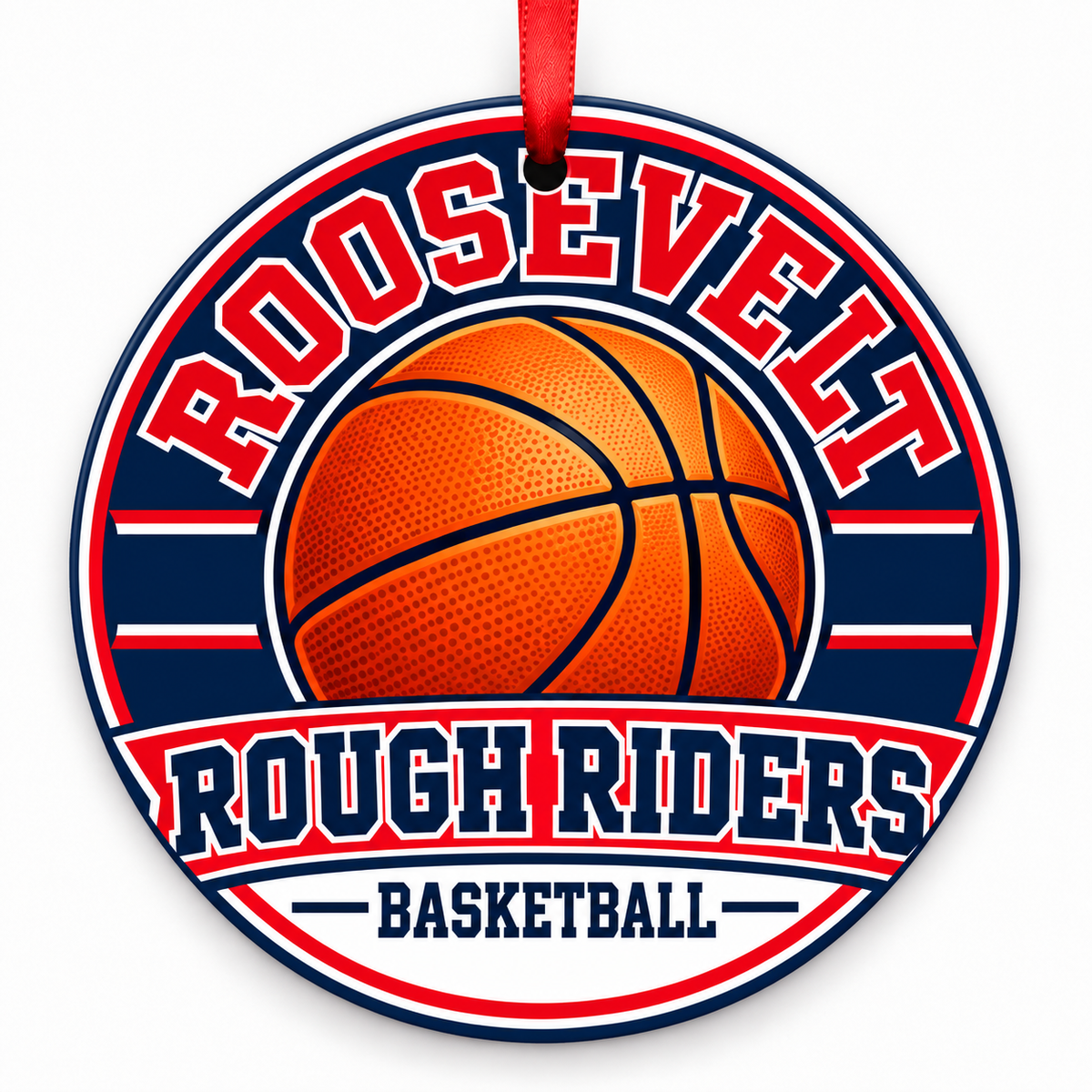 Roosevelt High School Rough Riders basketball round Christmas ornament with red ribbon