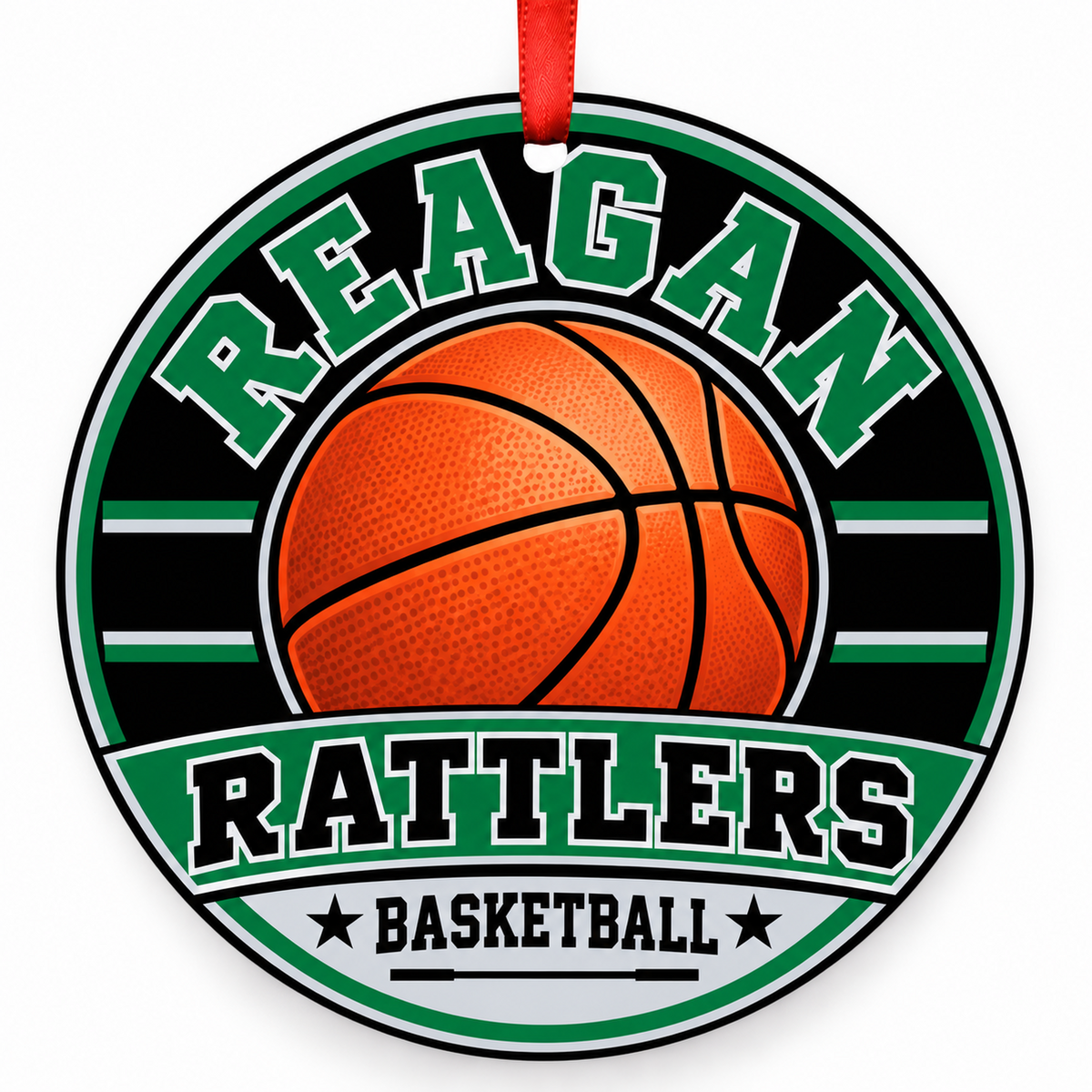 Reagan Rattlers basketball Christmas ornament with red ribbon