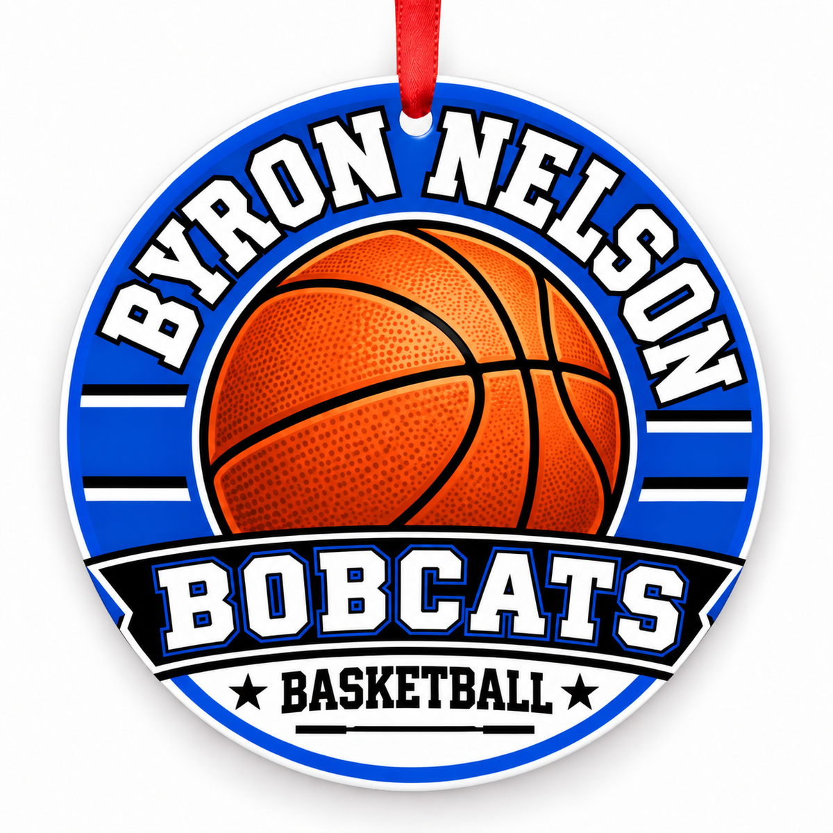 BYRON NELSON H S Bobcats basketball ornament in Blue; Black; White — official color names; hex not published in reviewed sources., Trophy Club Texas
