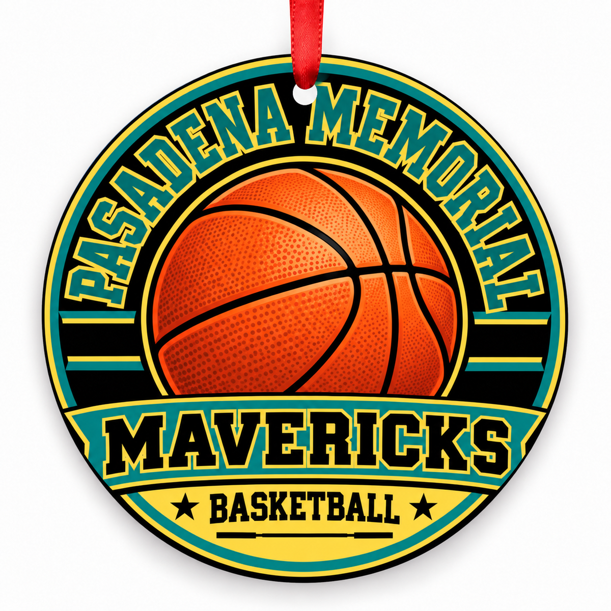 Pasadena Memorial Mavericks basketball Christmas ornament with red ribbon