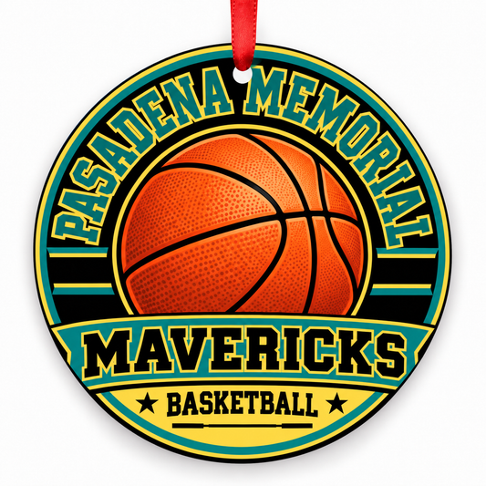 Pasadena Memorial Mavericks basketball Christmas ornament with red ribbon