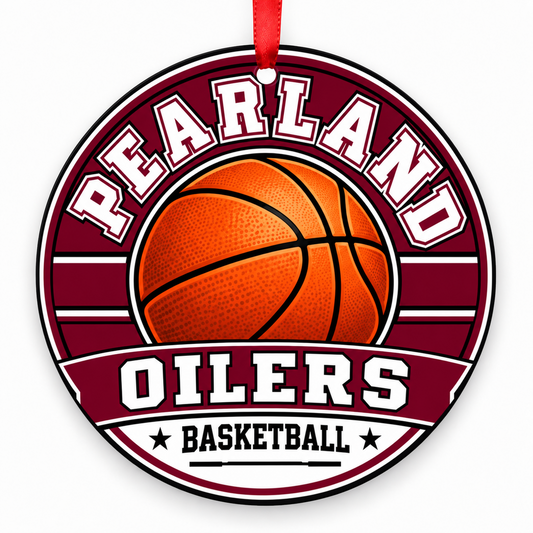 Pearland Oilers basketball Christmas ornament with red ribbon