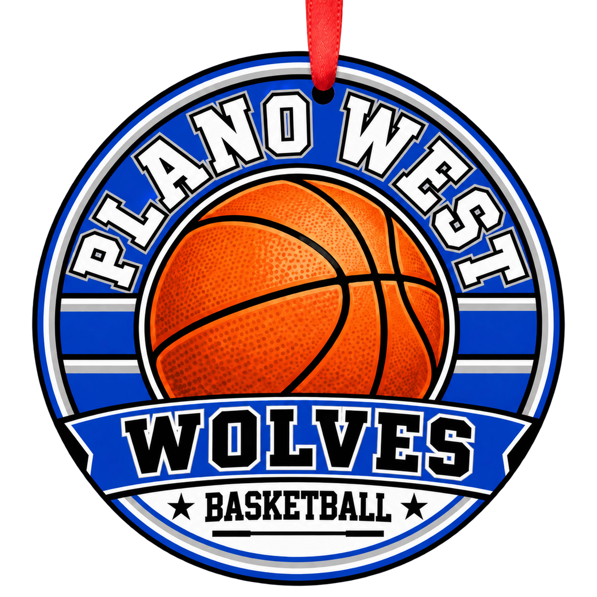 Plano West Senior High School Wolves basketball round Christmas ornament with red ribbon