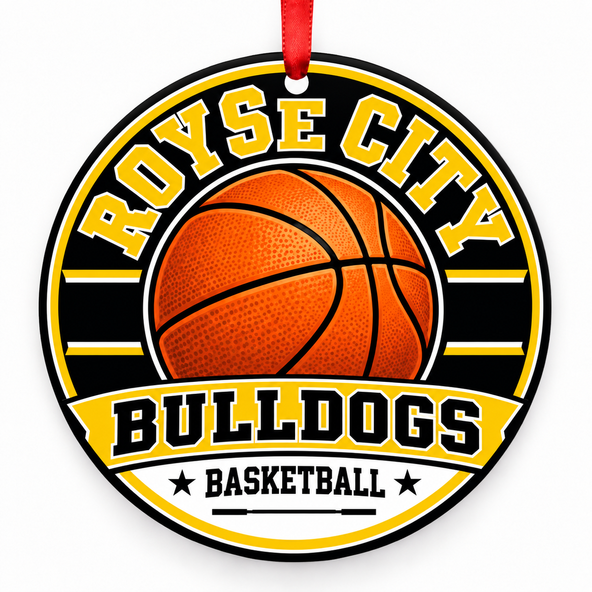 ROYSE CITY H S Bulldogs basketball ornament in Black; Gold, Royse City, Texas
