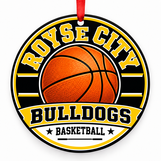 ROYSE CITY H S Bulldogs basketball ornament in Black; Gold, Royse City, Texas