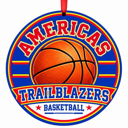 Americas High School Trailblazers basketball ornament with red ribbon, El Paso Texas