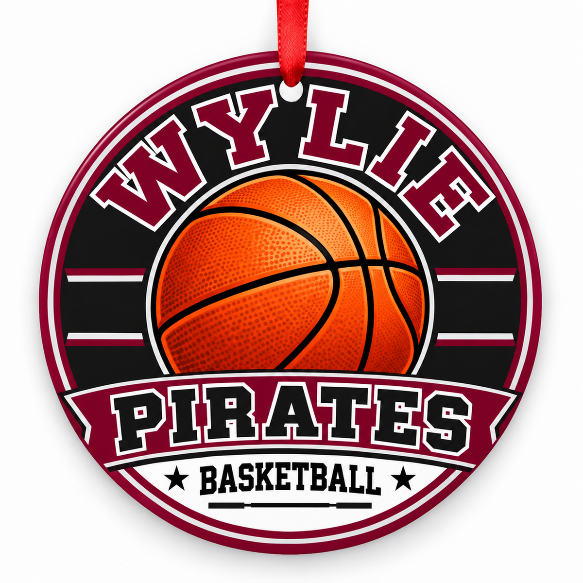Wylie High School Pirates basketball Christmas ornament in maroon, black, gray, and white with red ribbon