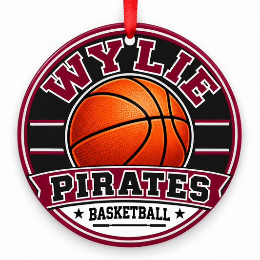 Wylie High School Pirates basketball Christmas ornament in maroon, black, gray, and white with red ribbon