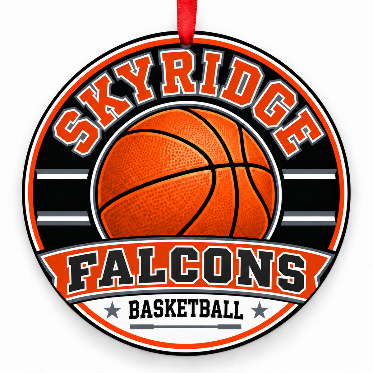 Skyridge High School Falcons basketball ornament in burnt orange and steel gray with cropped red ribbon