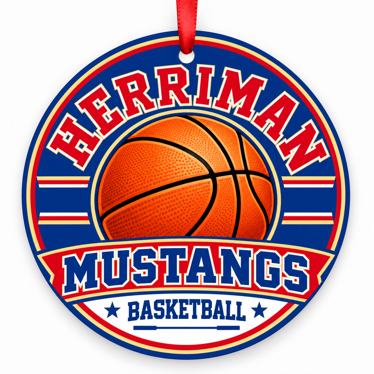 Herriman High Mustangs basketball ornament in red, blue and Vegas gold with cropped red ribbon