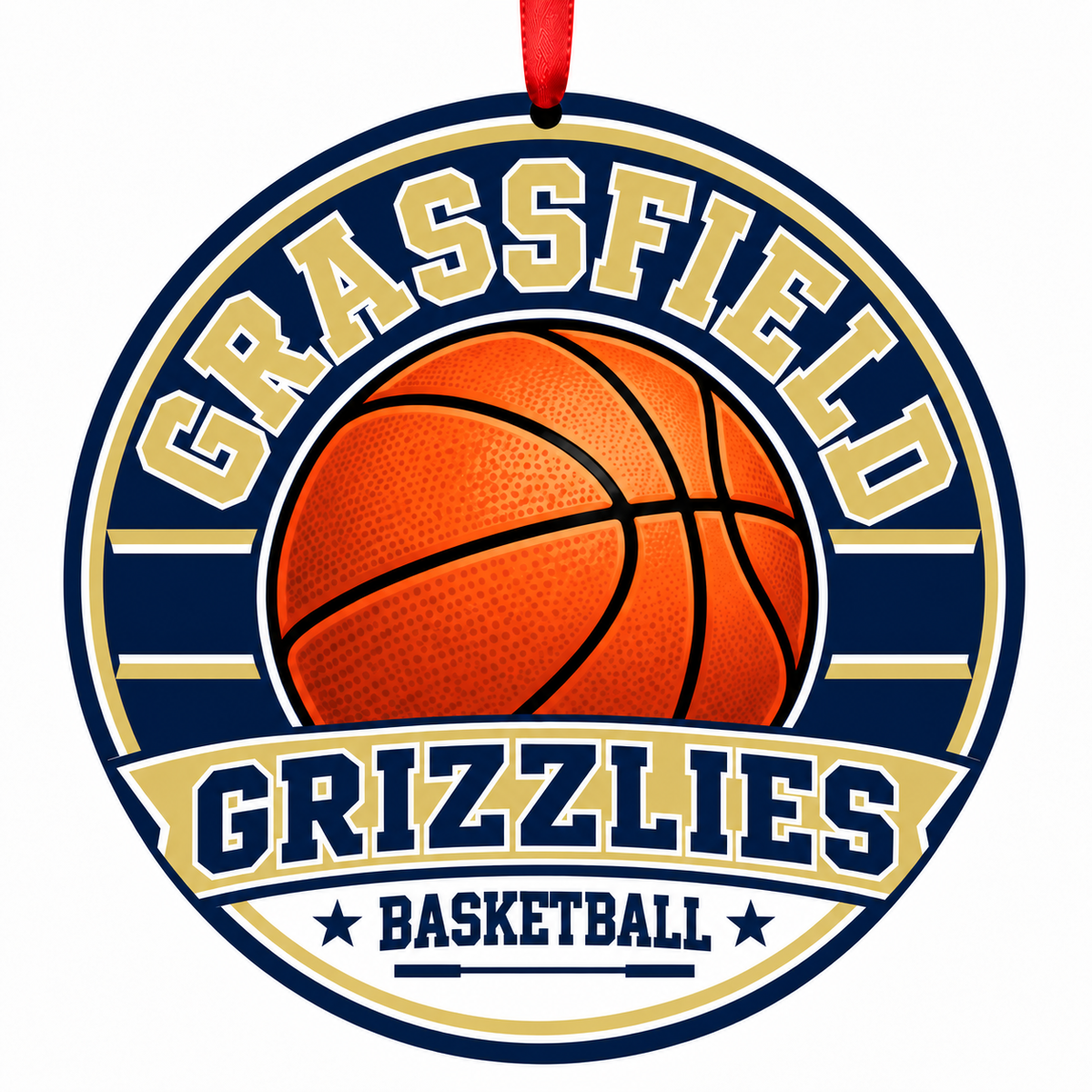 Grassfield High School Grizzlies basketball ornament with red ribbon, Chesapeake Virginia