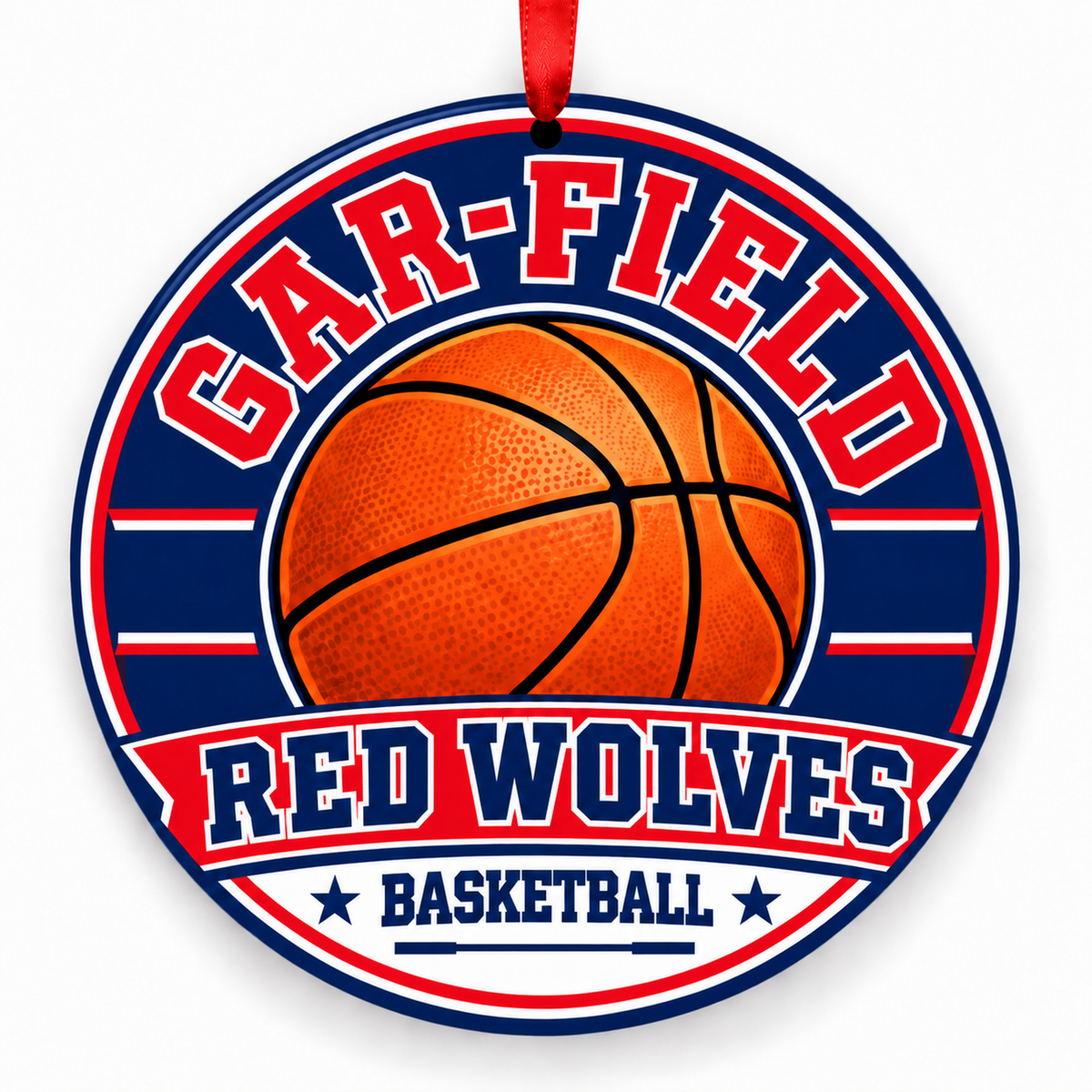 Gar-Field High School Red Wolves basketball round Christmas ornament with red ribbon