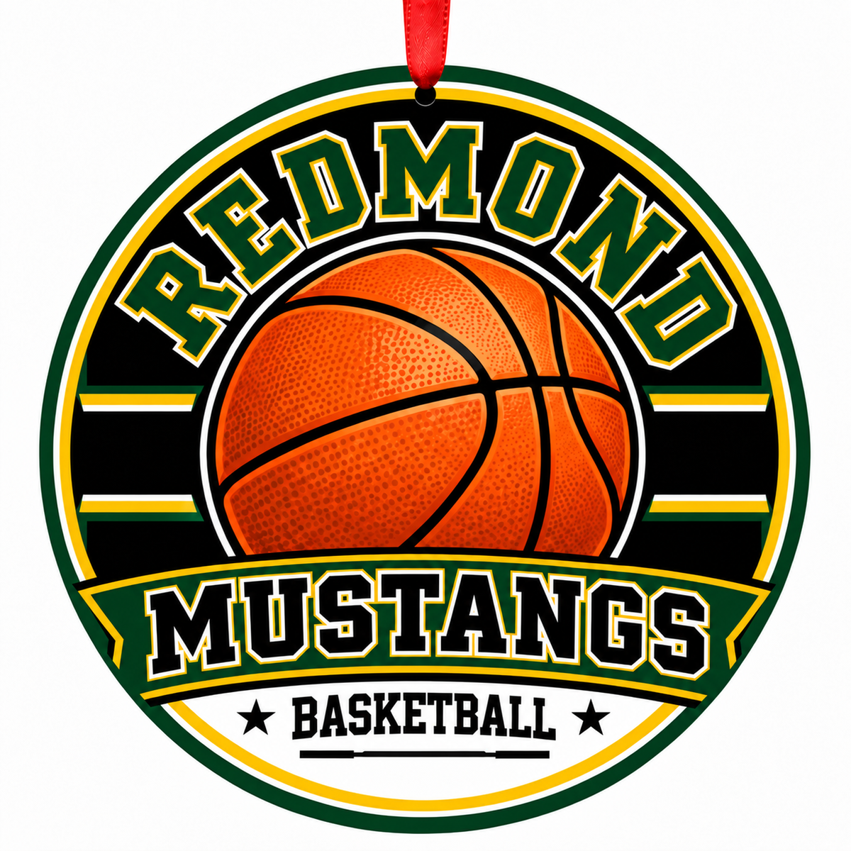 Redmond High School Mustangs basketball ornament with red ribbon, Redmond Washington