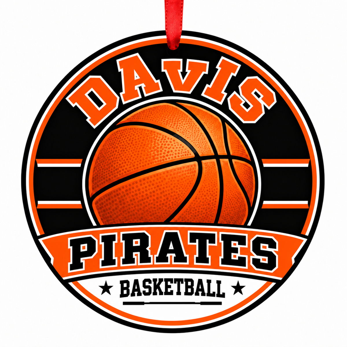 Davis High School Pirates basketball ornament with red ribbon, Yakima Washington