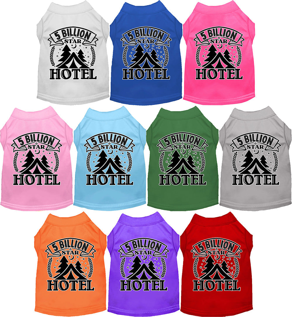 Colorful pet shirts with '5 Billion Star Hotel' design