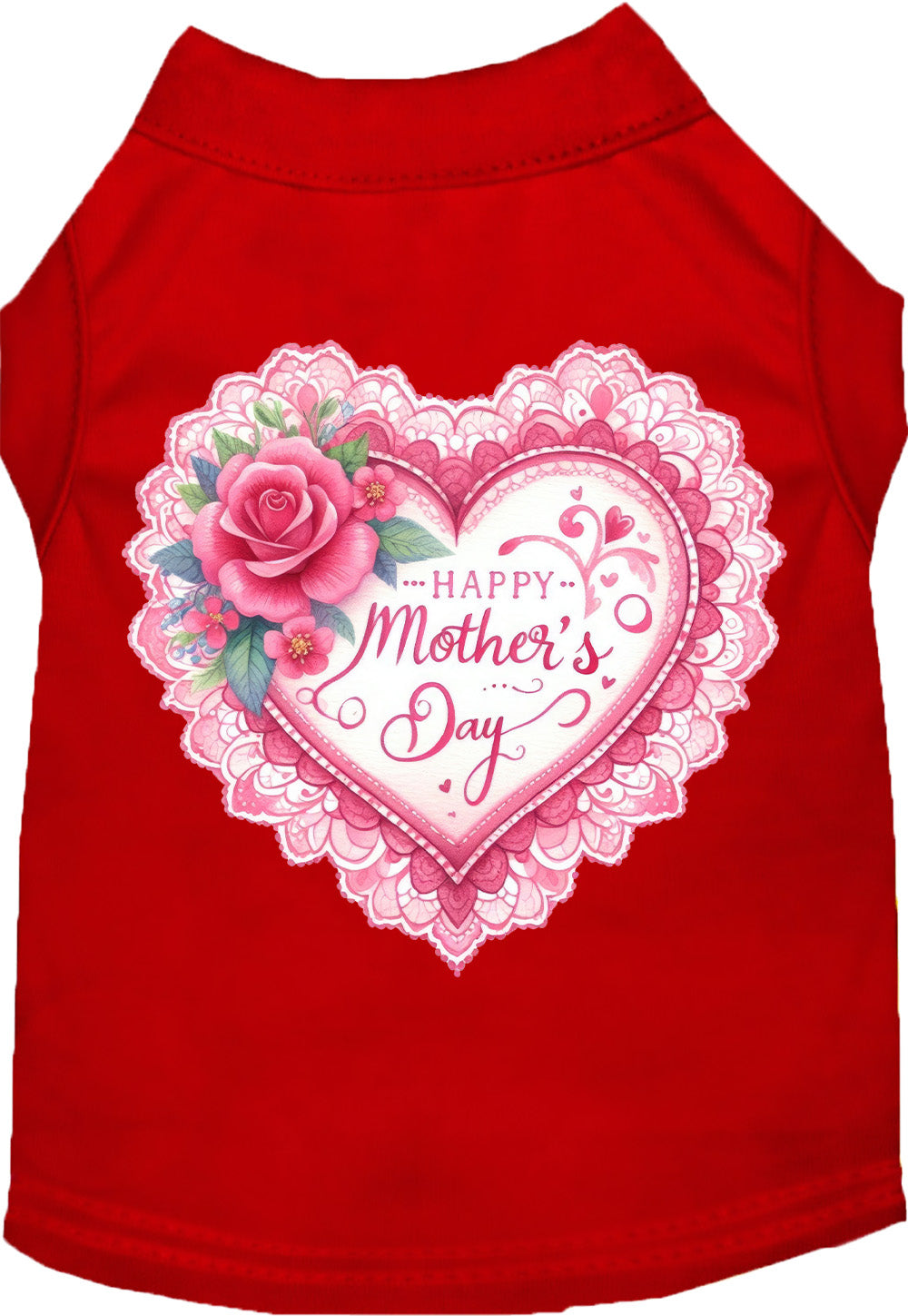 Red pet shirt with 'Happy Mother's Day' heart design