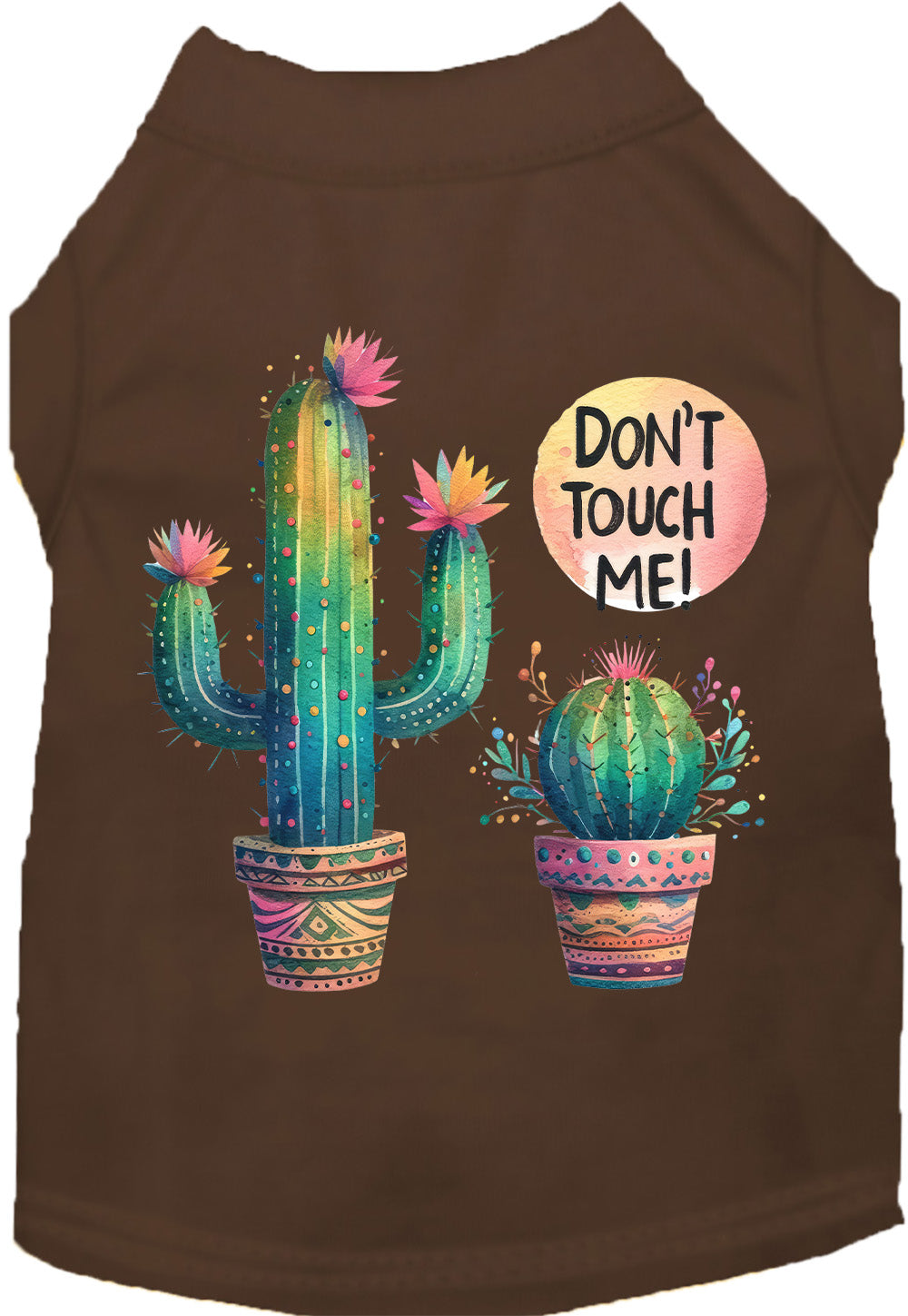 Brown pet shirt with 'Don't Touch Me' cactus design