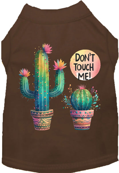 Brown pet shirt with 'Don't Touch Me' cactus design