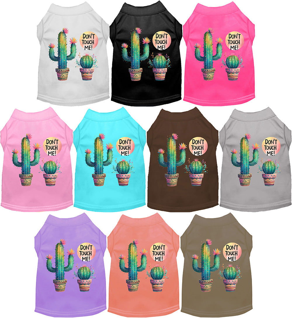 Colorful pet shirts with 'Don't Touch Me' cactus design