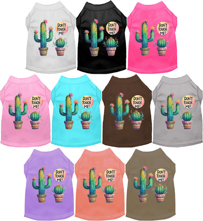 Colorful pet shirts with 'Don't Touch Me' cactus design