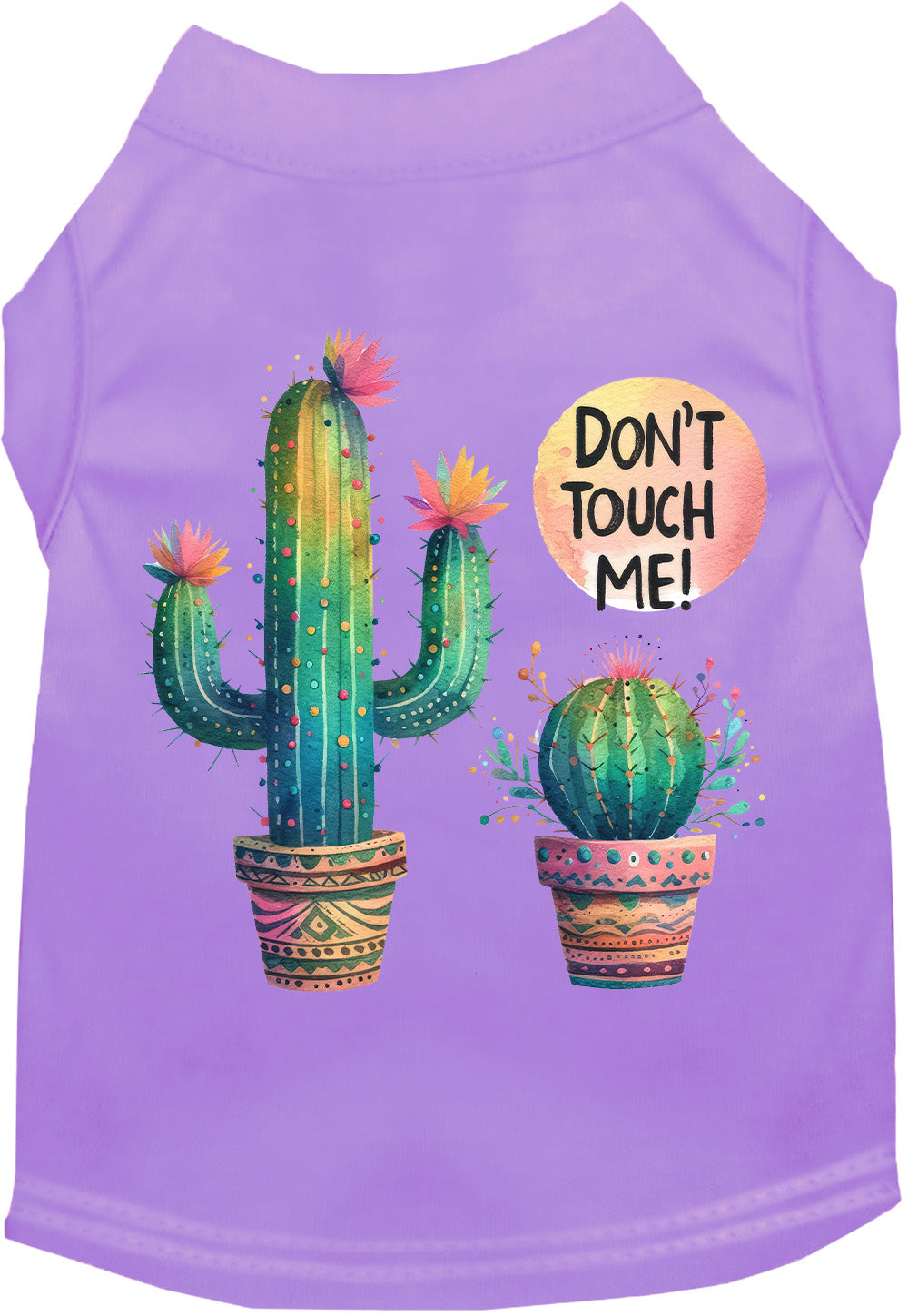 Lavender pet shirt with 'Don't Touch Me' cactus design