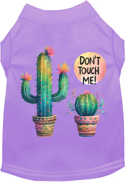 Lavender pet shirt with 'Don't Touch Me' cactus design
