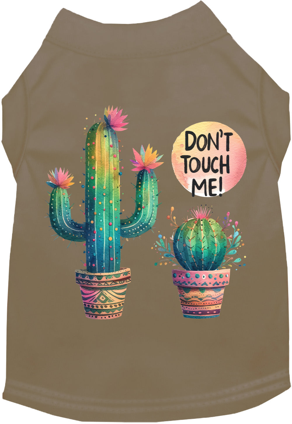 Olive pet shirt with 'Don't Touch Me' cactus design