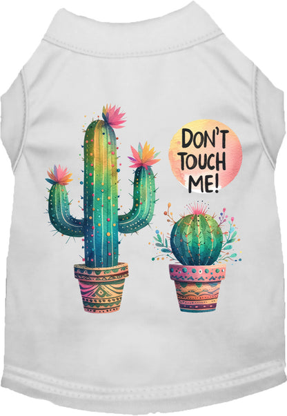 White pet shirt with 'Don't Touch Me' cactus design