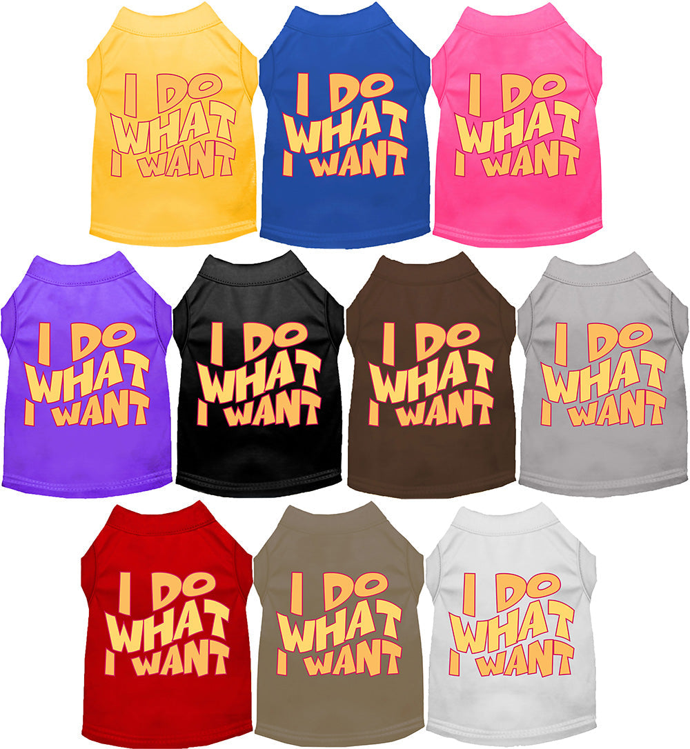Colorful pet shirts with 'I Do What I Want' text