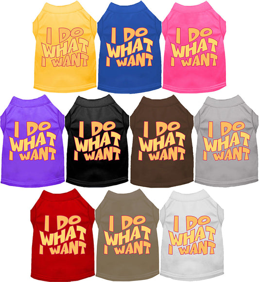 Colorful pet shirts with 'I Do What I Want' text