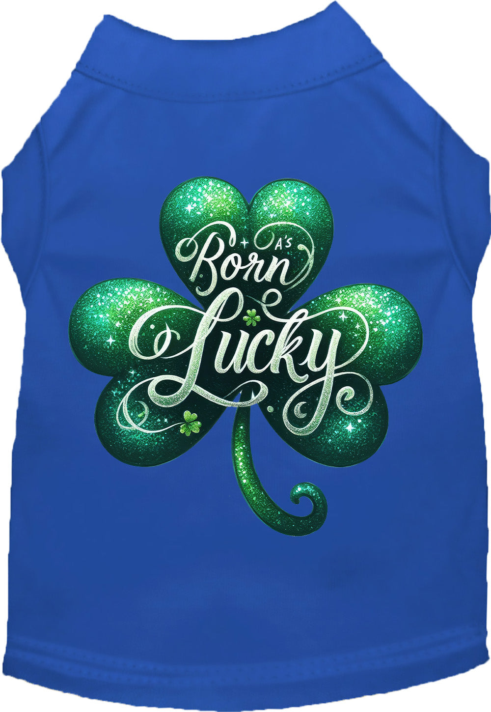 Blue pet shirt with 'A's Born Lucky' design