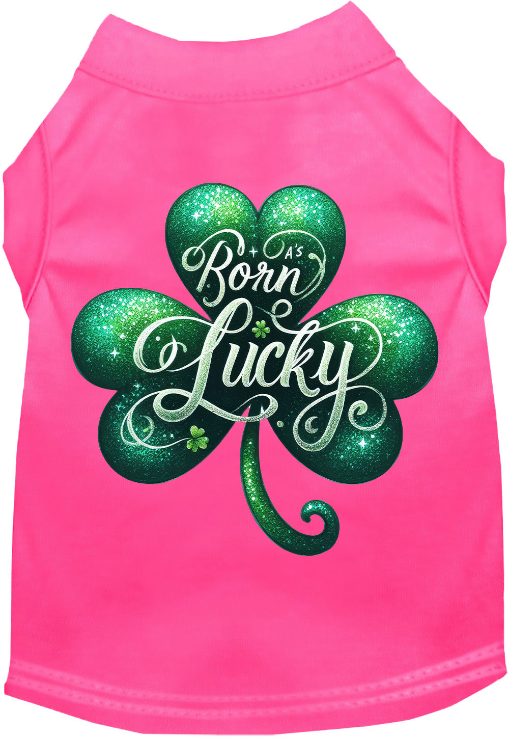 Hot pink pet shirt with 'A's Born Lucky' design