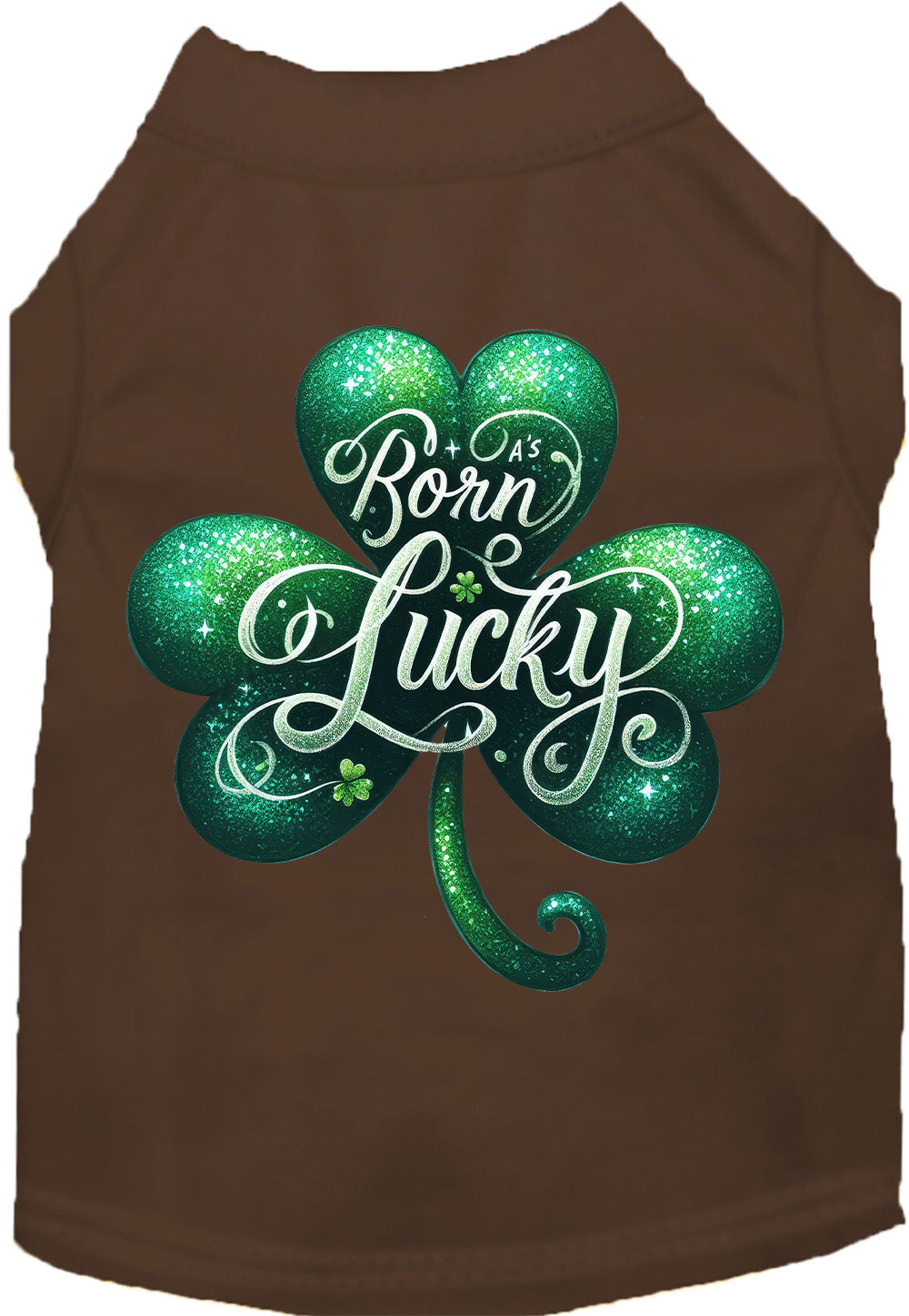 Brown pet shirt with 'A's Born Lucky' design