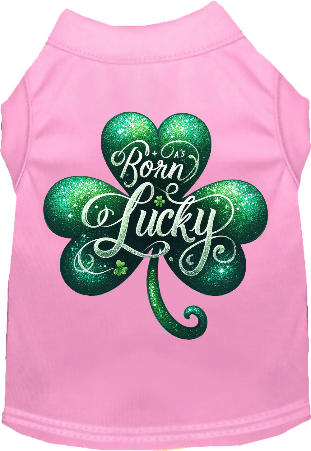 Pink pet shirt with 'A's Born Lucky' design