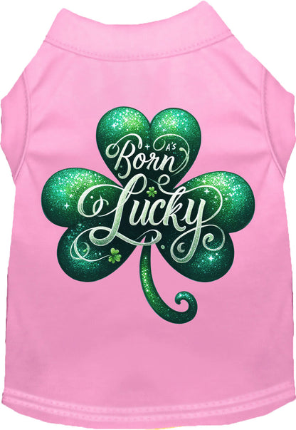 Pink pet shirt with 'A's Born Lucky' design