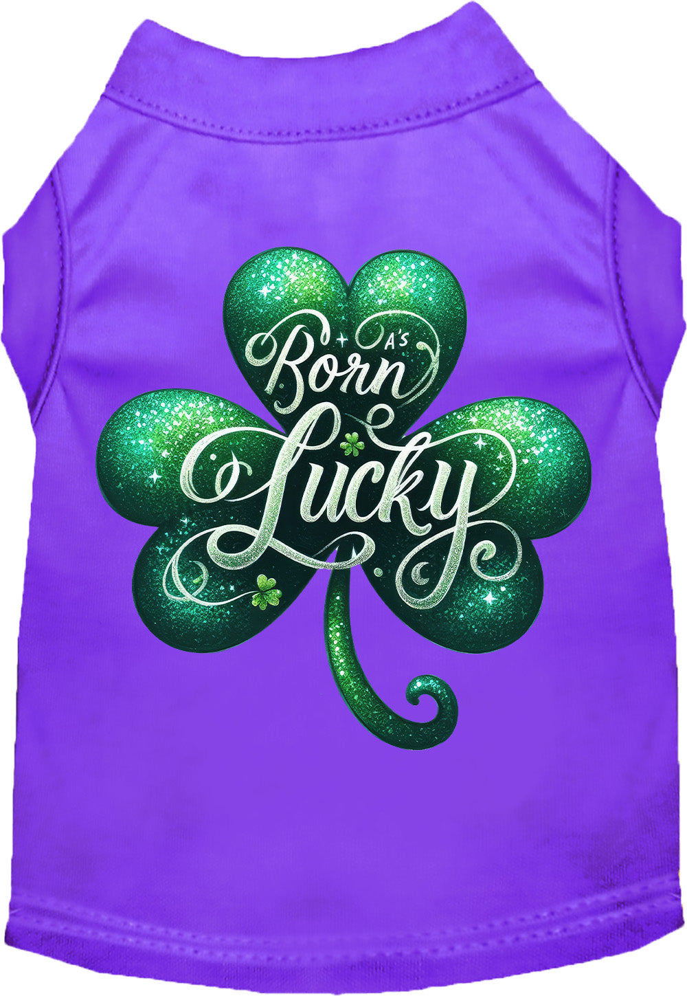 Purple pet shirt with 'A's Born Lucky' design