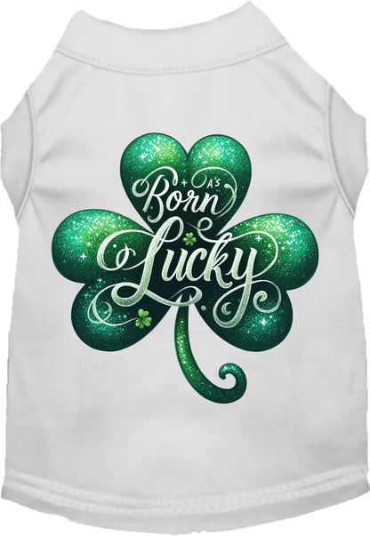 White pet shirt with 'A's Born Lucky' design