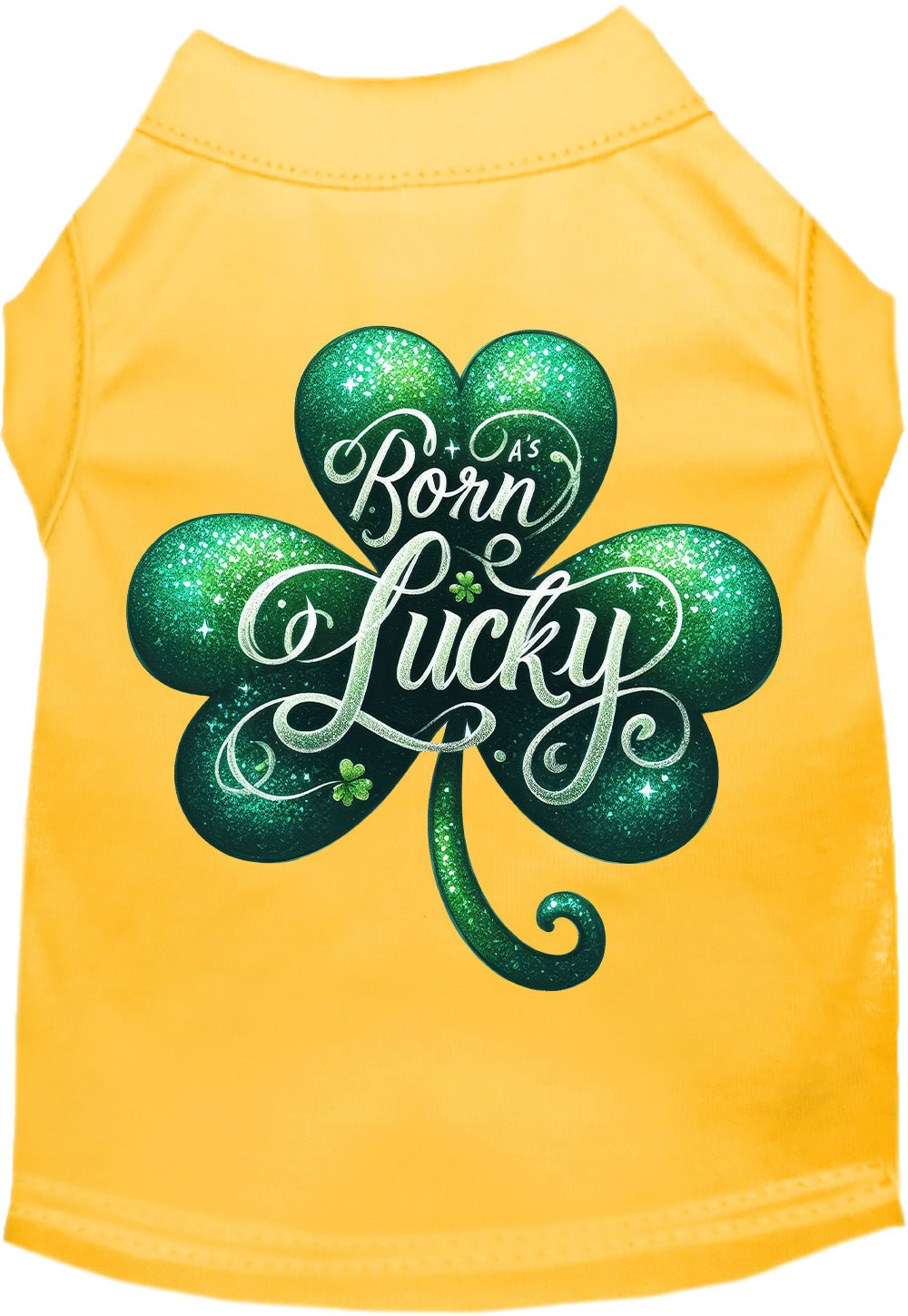 Yellow pet shirt with 'A's Born Lucky' design