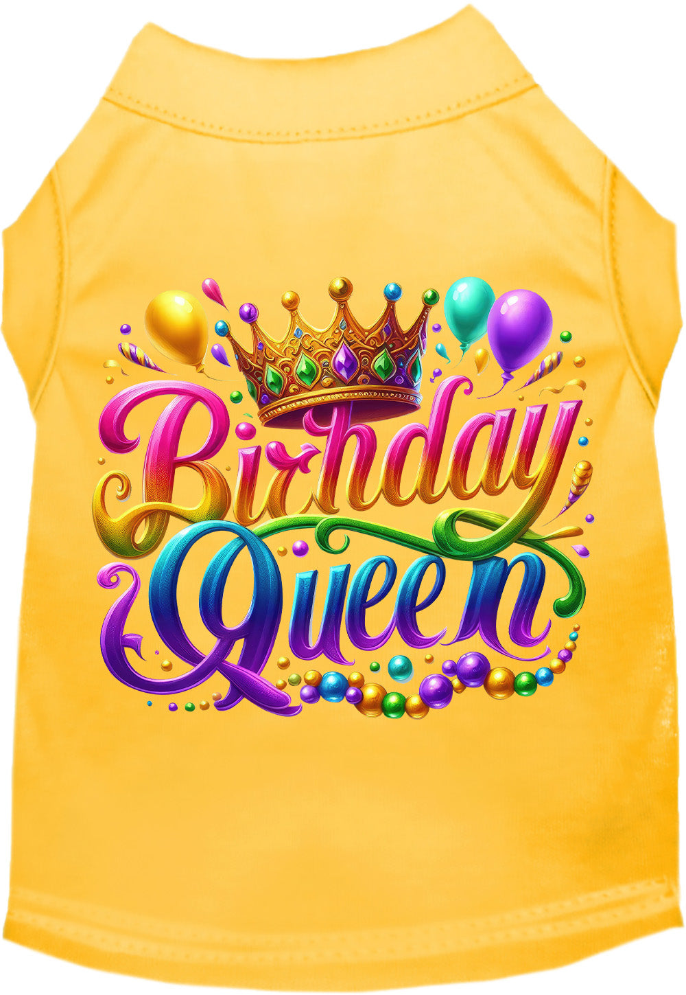 Yellow pet shirt with 'Birthday Queen' design