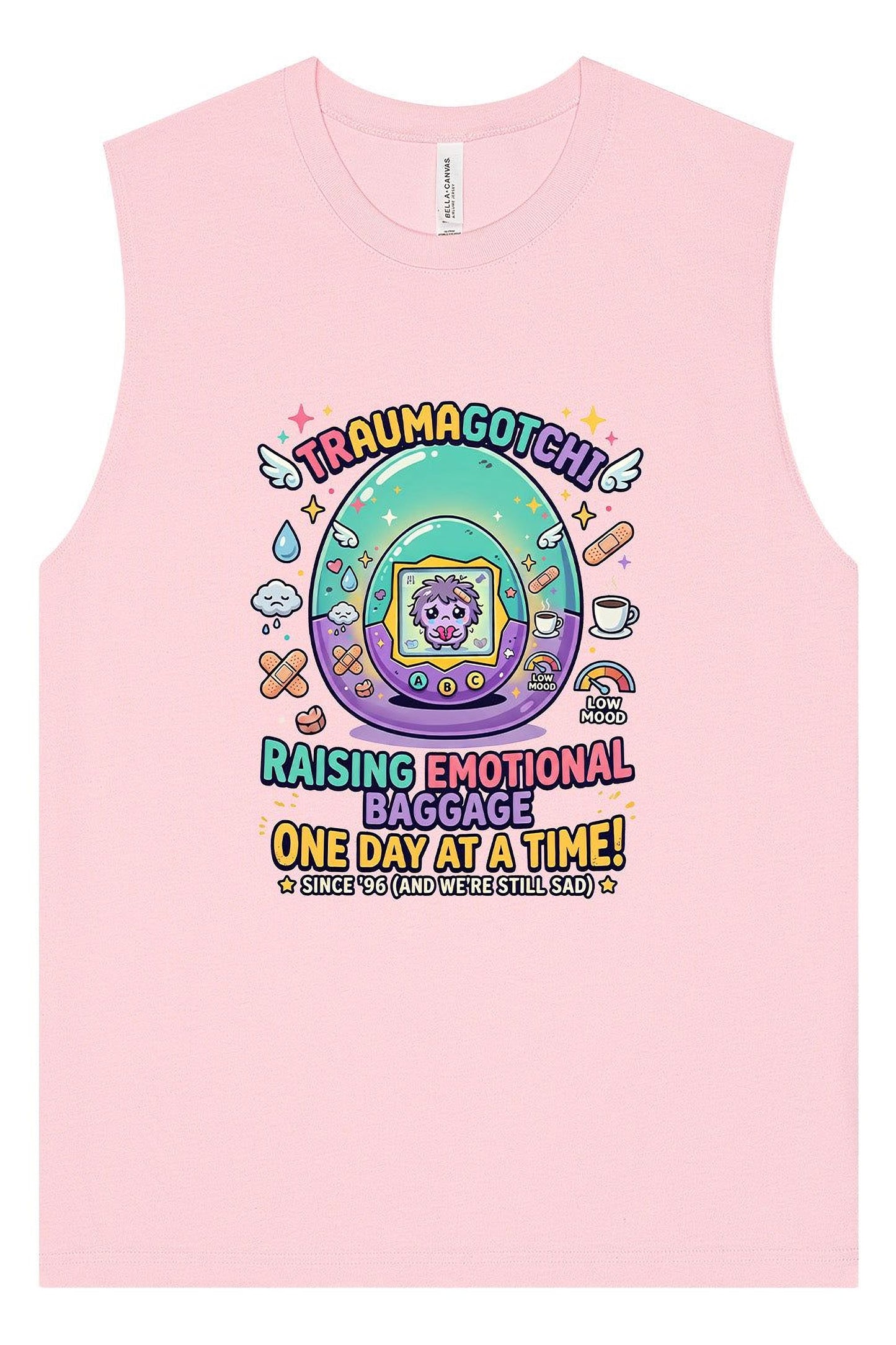 The image is a pink tank top with a cartoon-style design featuring a character and various colorful elements.