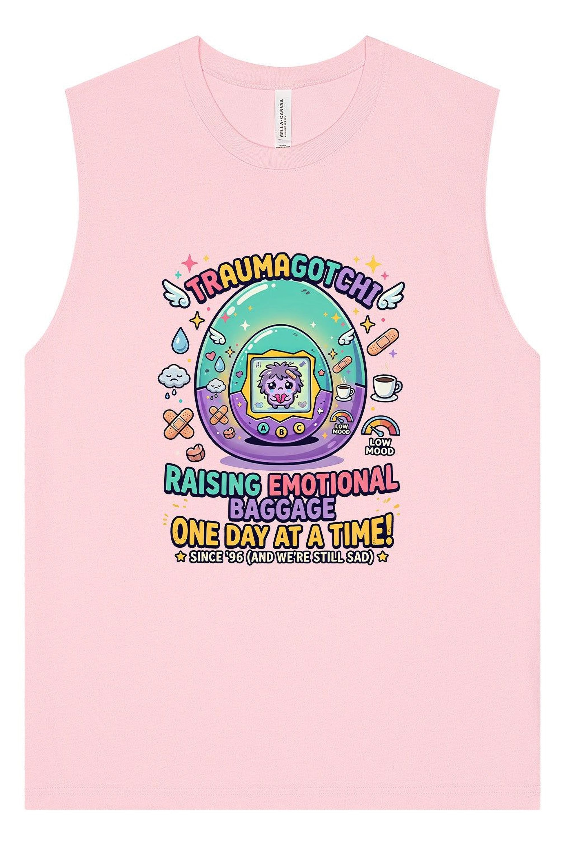 The image is a pink tank top with a cartoon-style design featuring a character and various colorful elements.