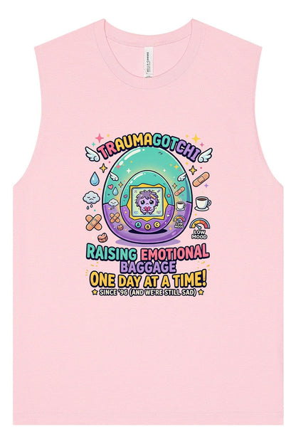 The image is a pink tank top with a cartoon-style design featuring a character and various colorful elements.