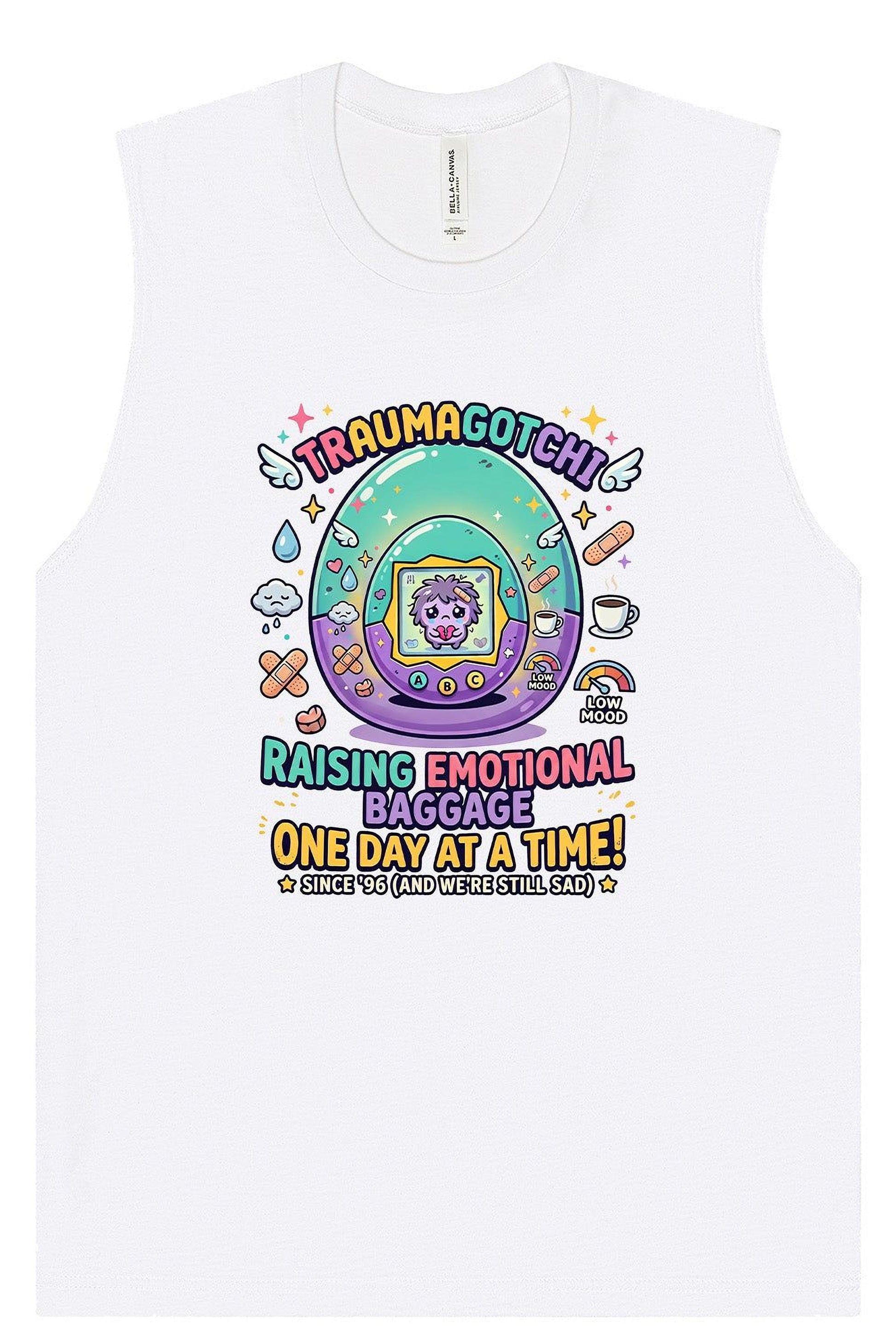 The image is a white tank top with a colorful graphic design featuring a character and various objects, including a suitcase, a cup, and a rainbow.