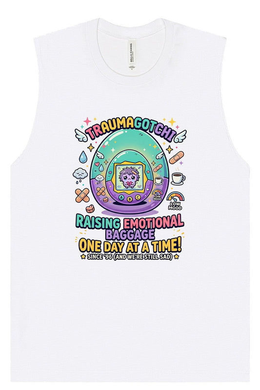 The image is a white tank top with a colorful graphic design featuring a character and various objects, including a suitcase, a cup, and a rainbow.