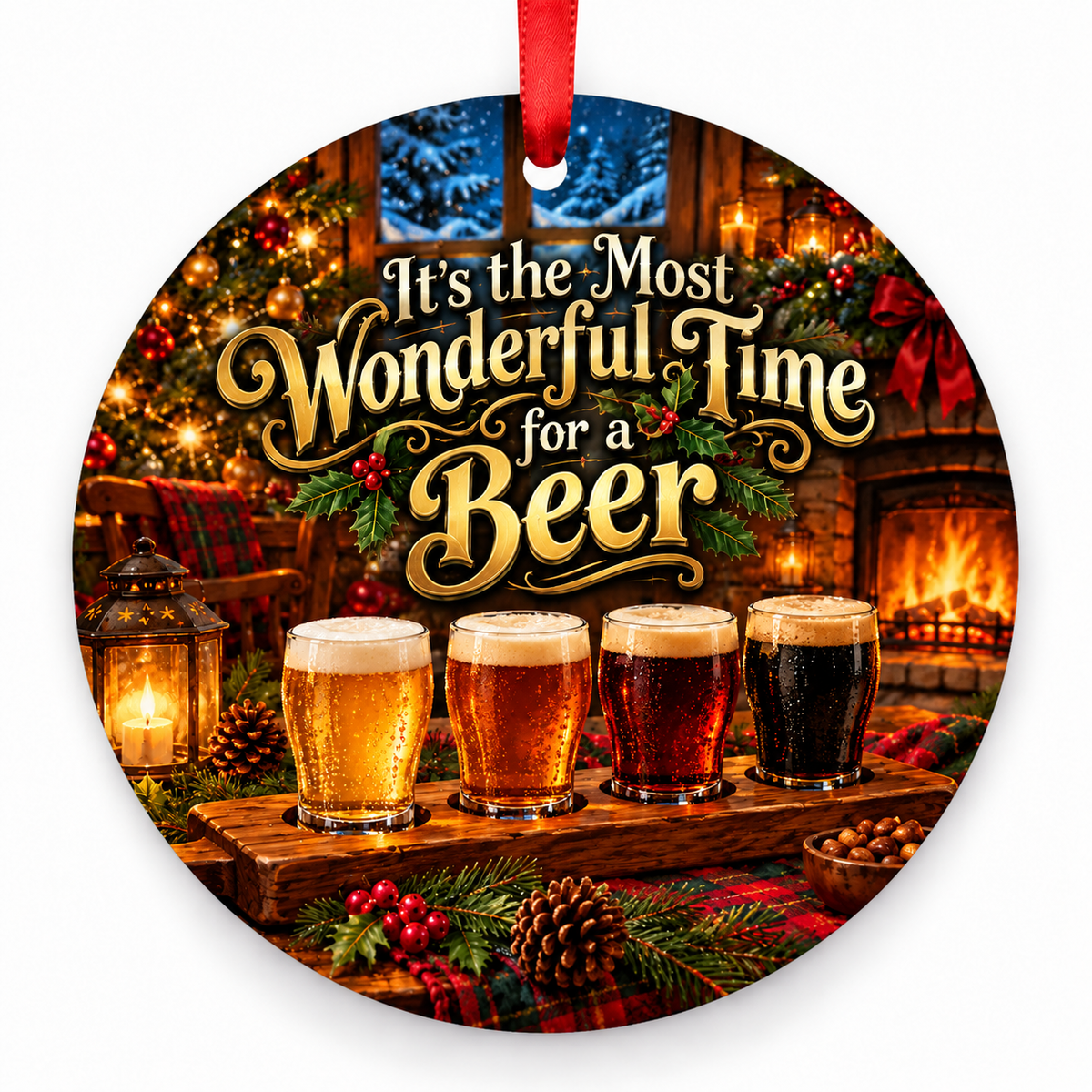 It’s the Most Wonderful Time for a Beer Christmas ornament with red hanging ribbon