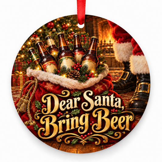 Dear Santa, Bring Beer Christmas ornament with red hanging ribbon