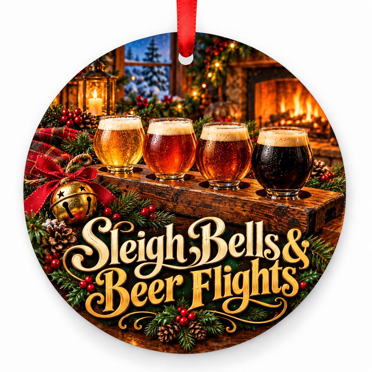 Sleigh Bells & Beer Flights Christmas ornament with red hanging ribbon
