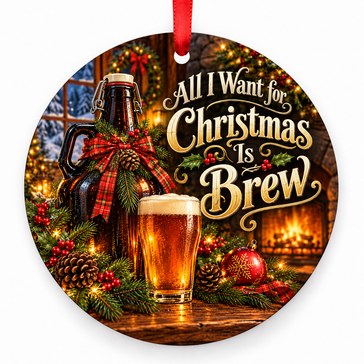 All I Want for Christmas Is Brew Christmas ornament with red hanging ribbon