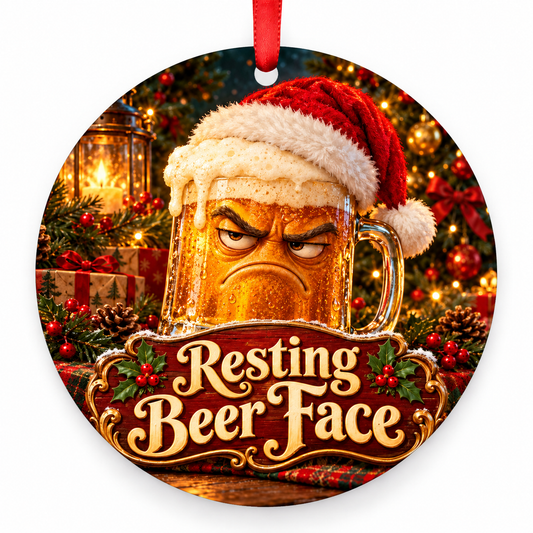 Resting Beer Face Christmas ornament with red hanging ribbon