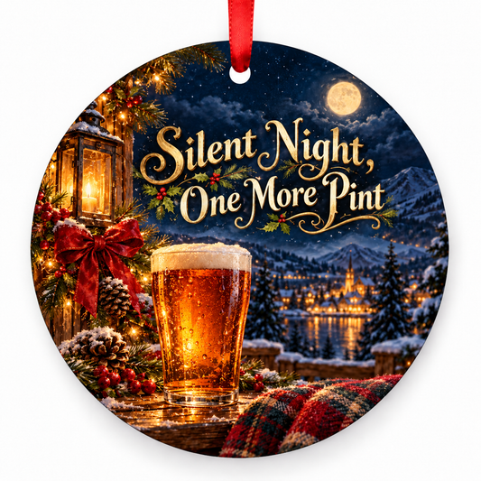Silent Night, One More Pint Christmas ornament with red hanging ribbon